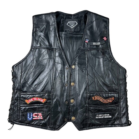 Diamond Plate Rock Design Buffalo Leather Motorcycle Biker Vest w Patches  XL - Picture 1 of 8